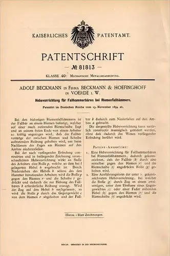 Original Patentschrift - Fa. Beckmann & Hoefinghoff in Voerde i.W.,1894, Hebeapparat für Fallhammer , Hammer , Presse !!