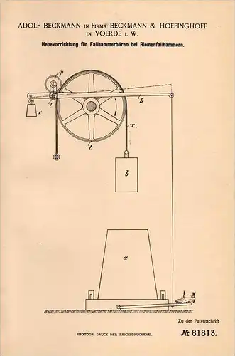 Original Patentschrift - Fa. Beckmann & Hoefinghoff in Voerde i.W.,1894, Hebeapparat für Fallhammer , Hammer , Presse !!