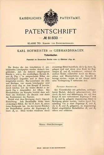 Original Patentschrift - K. Hofmeister in Gebhardshagen , 1894 , Tintenlöscher , Tinte , Salzgitter !!!