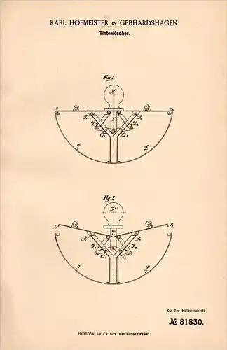 Original Patentschrift - K. Hofmeister in Gebhardshagen , 1894 , Tintenlöscher , Tinte , Salzgitter !!!