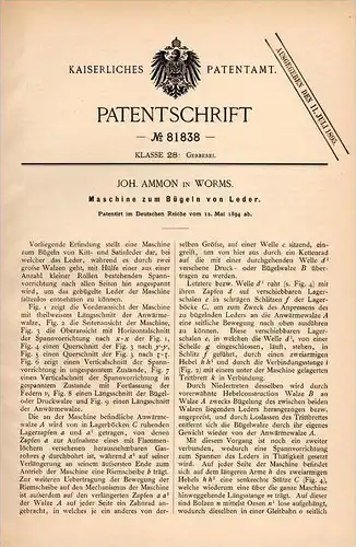 Original Patentschrift - Joh. Ammon in Worms , 1894 , Maschine zum Bügeln von Leder !!!