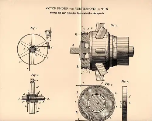 Original Patentschrift - V. Pindter von Pindtershofen in Wien , 1894 , Bremse für Räder , Maschinen !!!