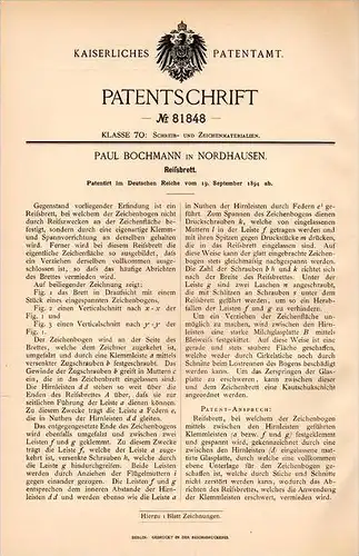 Original Patentschrift - P. Bochmann in Nordhausen , 1894 , Reißbrett , Zeichenbrett , Zeichnen , Architekt !!!