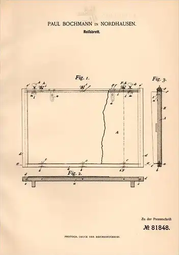 Original Patentschrift - P. Bochmann in Nordhausen , 1894 , Reißbrett , Zeichenbrett , Zeichnen , Architekt !!!