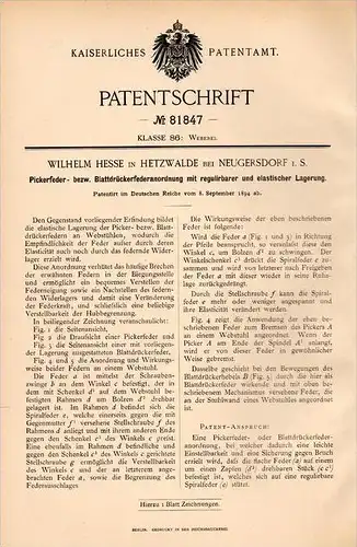 Original Patentschrift - W. Hesse in Hetzwalde bei Neugersdorf i.S., 1894 , Pickerfeder für Weberei , Weber , Webstuhl !
