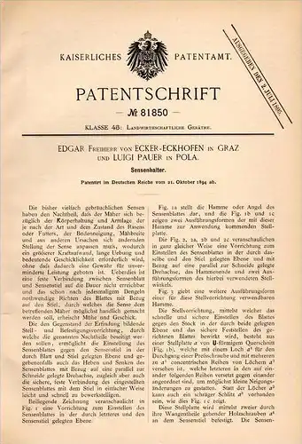 Original Patentschrift - L. Pauer in Pola , 1894 , Freiherr von Ecker-Eckhofen in Graz , Sensenhalter , Sense !!!