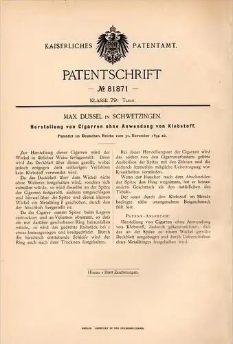 Original Patentschrift - Max Dussel in Schwetzingen , 1894 , Cigarren - Herstellung , Cigarre , Zigarre , Cigar !!!