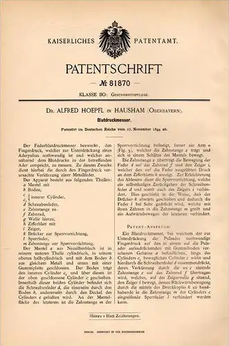 Original Patentschrift - Dr. A. Hoepfl in Hausham b. Miesbach , 1894 , Blutdruck - Messer , Arzt , Krankenhaus , Blut !!
