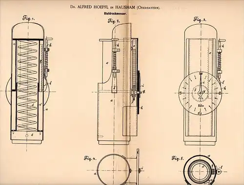 Original Patentschrift - Dr. A. Hoepfl in Hausham b. Miesbach , 1894 , Blutdruck - Messer , Arzt , Krankenhaus , Blut !!