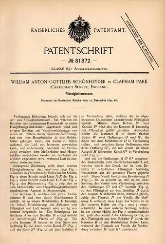 Original Patentschrift - W. Schönheyder in Clapham Park , 1894 , Measuring devices for bar, pub, restaurant !!!