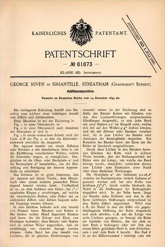 Original Patentschrift - G. Niven in Shiantelle , Streatham , 1894, Machine for adding, arithmetic, computing machine !!