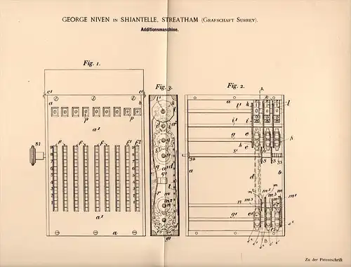 Original Patentschrift - G. Niven in Shiantelle , Streatham , 1894, Machine for adding, arithmetic, computing machine !!