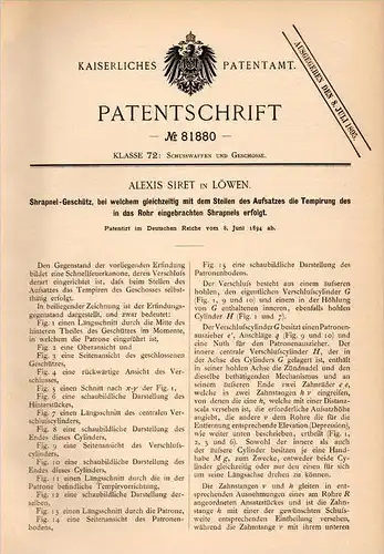 Original Patentschrift - A. Siret in Löwen , 1894 , Kanone , Geschütz , Waffe !!!