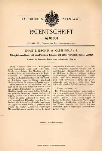 Original Patentschrift - E. Liebscher in Olbernhau i.S., 1894 , Zerstäuber für Flüssigkeit , Papierfabrik , Papier !!!
