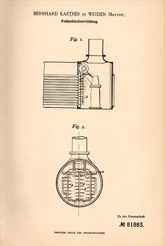 Original Patentschrift - B. Kastner in Weiden , Bayern , 1894 , Funkenlöschapparat , Heizung , Schornsteinfeger  !!!