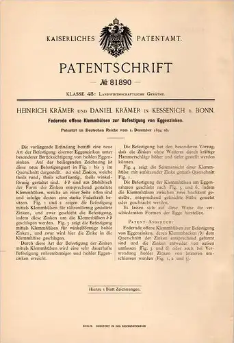 Original Patentschrift - D. Krämer in Kessenich b. Bonn , 1894 , Befestigung von Eggenzinken , Landwirtschaft !!!