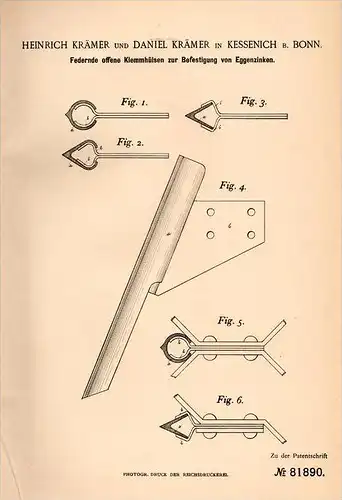 Original Patentschrift - D. Krämer in Kessenich b. Bonn , 1894 , Befestigung von Eggenzinken , Landwirtschaft !!!