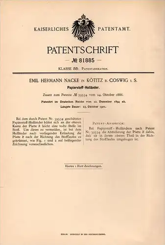 Original Patentschrift - E. Nacke in Kötitz b. Coswig i.S., 1894 , Papierstoff - Holländer , Papier , Papierfabrik !!!