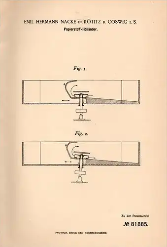 Original Patentschrift - E. Nacke in Kötitz b. Coswig i.S., 1894 , Papierstoff - Holländer , Papier , Papierfabrik !!!