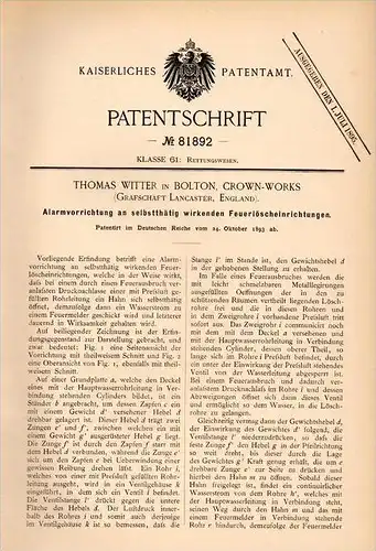 Original Patentschrift - T. Witter in Bolton , Crown Works , 1893 , Alarm system for fire extinguishers, fire !!!