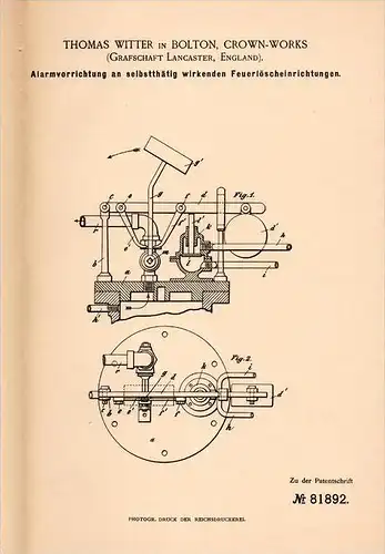 Original Patentschrift - T. Witter in Bolton , Crown Works , 1893 , Alarm system for fire extinguishers, fire !!!