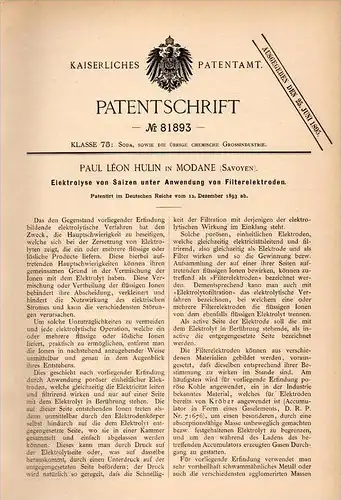 Original Patentschrift - P. Hulin in Modane , Savoie , 1893 , L´électrolyse de l´eau salée avec des électrodes