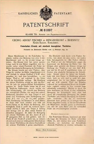 Original Patentschrift - G. Fischer in Rengersdorf b. Briesnitz , 1894, Federhalter - Einsatz , Füller , Füllfederhalter