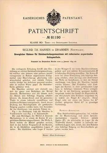 Original Patentschrift - S. Hansen in Drammen , Norway , 1894 , Stein - Bearbeitungsmaschine !!!