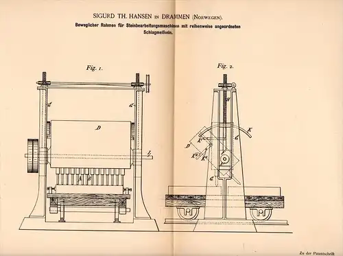 Original Patentschrift - S. Hansen in Drammen , Norway , 1894 , Stein - Bearbeitungsmaschine !!!