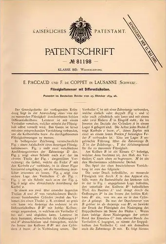 Original Patentschrift - F. de Coppet in Lausanne , 1894 , Flüssigkeitsmesser mit Kolben , Wasseruhr , E. Paccaud !!!