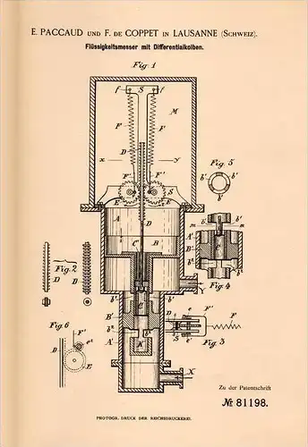 Original Patentschrift - F. de Coppet in Lausanne , 1894 , Flüssigkeitsmesser mit Kolben , Wasseruhr , E. Paccaud !!!