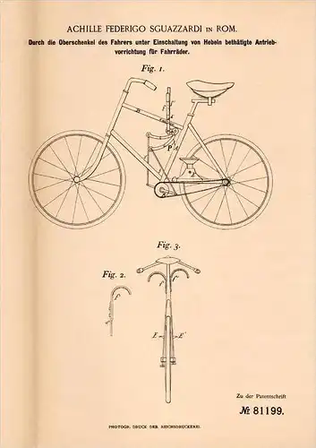 Original Patentschrift - A. Sguazzardi a Roma , 1894 , unità per biciclette, biciclette , bicycle, bicycles !!!