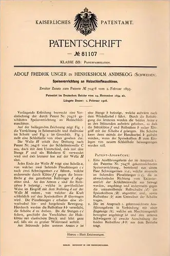 Original Patentschrift - A. Unger in Henriksholm Animskog , 1894 , Apparat für Holz - Schleifmaschine , Papier !!!