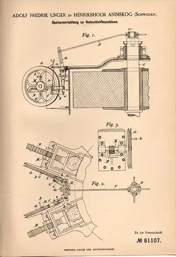 Original Patentschrift - A. Unger in Henriksholm Animskog , 1894 , Apparat für Holz - Schleifmaschine , Papier !!!