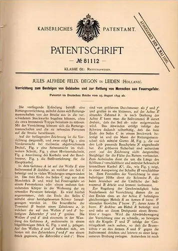 Original Patentschrift - J- Degon in Leiden , 1893 , Apparat zur Rettung bei Feuer , Feuerwehr !!!