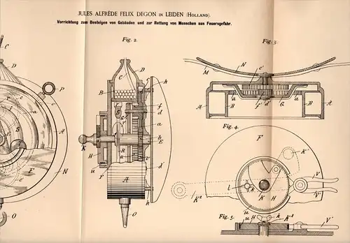 Original Patentschrift - J- Degon in Leiden , 1893 , Apparat zur Rettung bei Feuer , Feuerwehr !!!