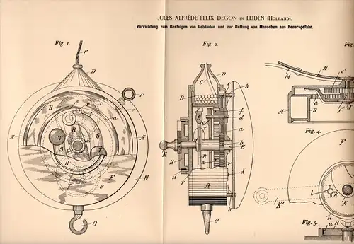 Original Patentschrift - J- Degon in Leiden , 1893 , Apparat zur Rettung bei Feuer , Feuerwehr !!!