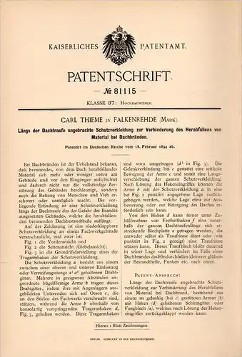 Original Patentschrift - C. Thieme in Falkenrehde , Mark , 1894 , Schutz für Dach , Dachdecker , Feuerwehr , Ketzin !!!