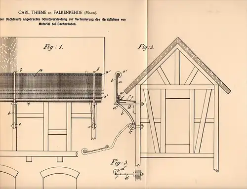 Original Patentschrift - C. Thieme in Falkenrehde , Mark , 1894 , Schutz für Dach , Dachdecker , Feuerwehr , Ketzin !!!