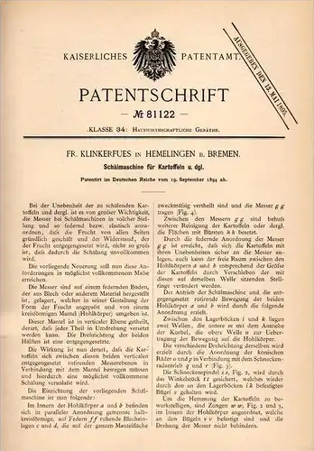 Original Patentschrift - F. Klinkerfues in Hemelingen b. Bremen , 1894 , Schälmaschine für Kartoffeln , Kartoffel !!!