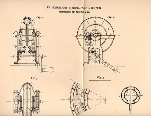 Original Patentschrift - F. Klinkerfues in Hemelingen b. Bremen , 1894 , Schälmaschine für Kartoffeln , Kartoffel !!!