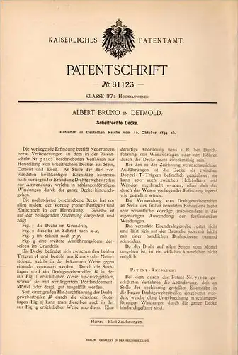 Original Patentschrift - A. Bruno in Detmold , 1894 , scheitrechte Decke , Hochbau , Maurer , Hausbau , Architekt !!!