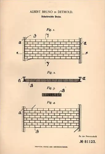Original Patentschrift - A. Bruno in Detmold , 1894 , scheitrechte Decke , Hochbau , Maurer , Hausbau , Architekt !!!