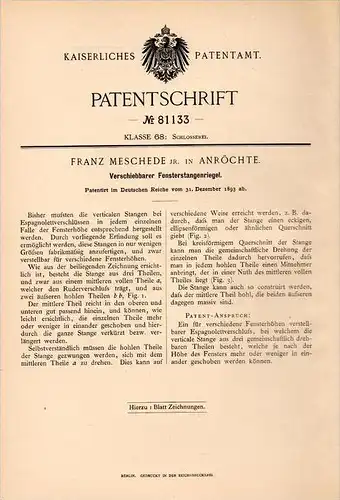 Original Patentschrift - F. Meschede in Anröchte b. Soest , 1893 , Fenster - Stangenriegel , Fensterbau !!!