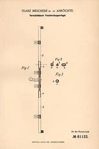 Original Patentschrift - F. Meschede in Anröchte b. Soest , 1893 , Fenster - Stangenriegel , Fensterbau !!!