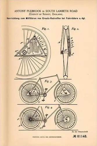 Original Patentschrift - A. Pulbrook in South Lambeth Road , 1894 , Device for spare wheel, bicycle, bicycles !!!
