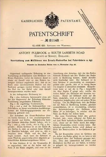 Original Patentschrift - A. Pulbrook in South Lambeth Road , 1894 , Device for spare wheel, bicycle, bicycles !!!