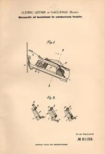 Original Patentschrift - L. Leitner in Gaggenau , 1894 , Münzenprüfer , für Verkaufsautomat , Münzen , Münze , Baden !!!