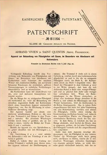 Original Patentschrift - A. Vivien à Saint Quentin , Aisne , Dispositif pour eaux usées avec du dioxyde de carbone !!!