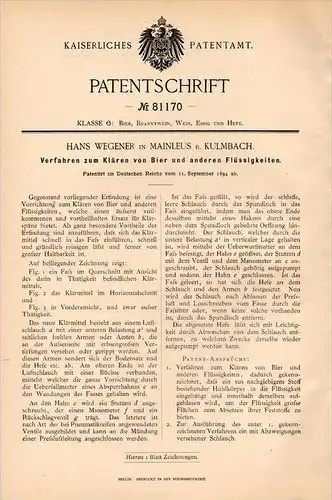 Original Patentschrift - H. Wegener in Mainleus b. Kulmbach , 1894 , Apparat für Bier - Herstellung , Brauerei , Alkohol